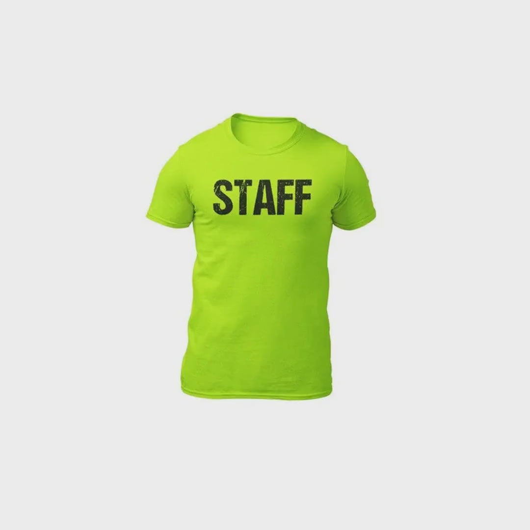 Load video: STAFF Men's Distressed Safety Green T-Shirt