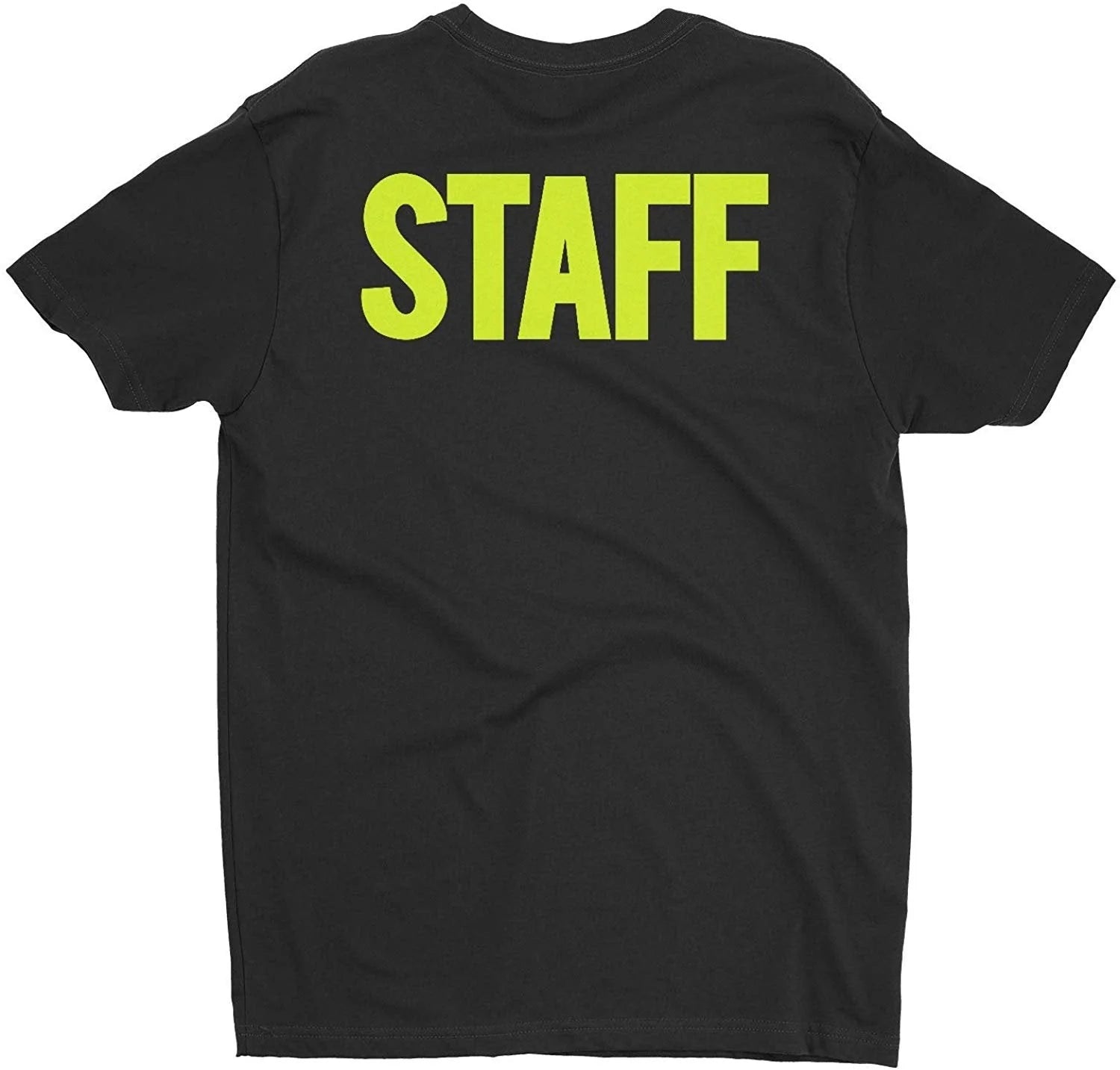 Men's Staff T-Shirt Front Back Screen Print Tee (BB, Black & Neon)
