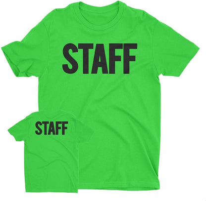 Men's Staff T-Shirt Front Back Screen Print Tee (BB, Neon Green & Black)