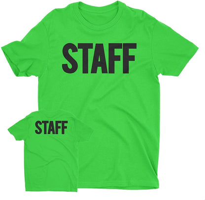 Men's Staff T-Shirt Front Back Screen Print Tee (BB, Neon Green & Black)