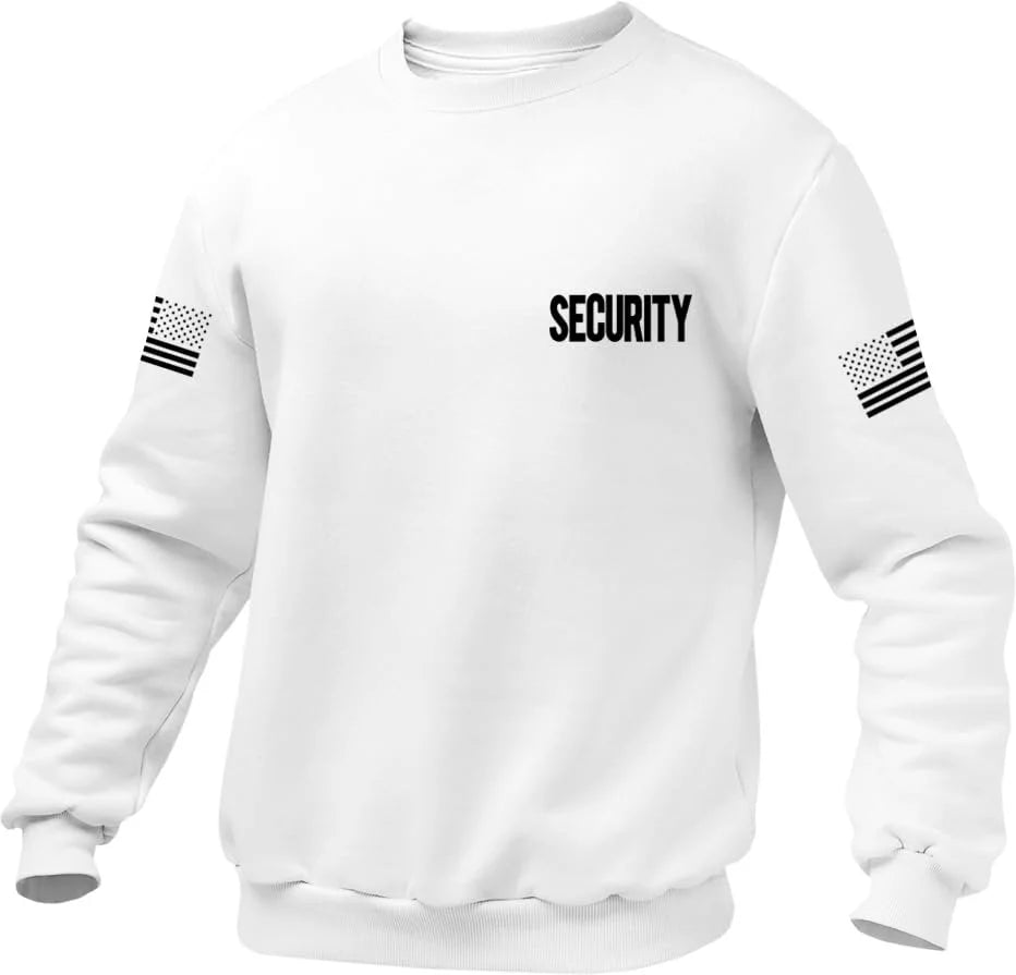 Security Pullover Crewneck Sweatshirt Chest & Back + USA Flag Sleeve Prints