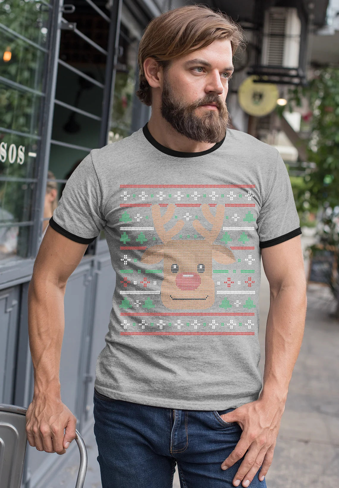 Ugly Xmas Reindeer Design Custom Mens Ringer T-Shirt Customized Tee Gray/Black