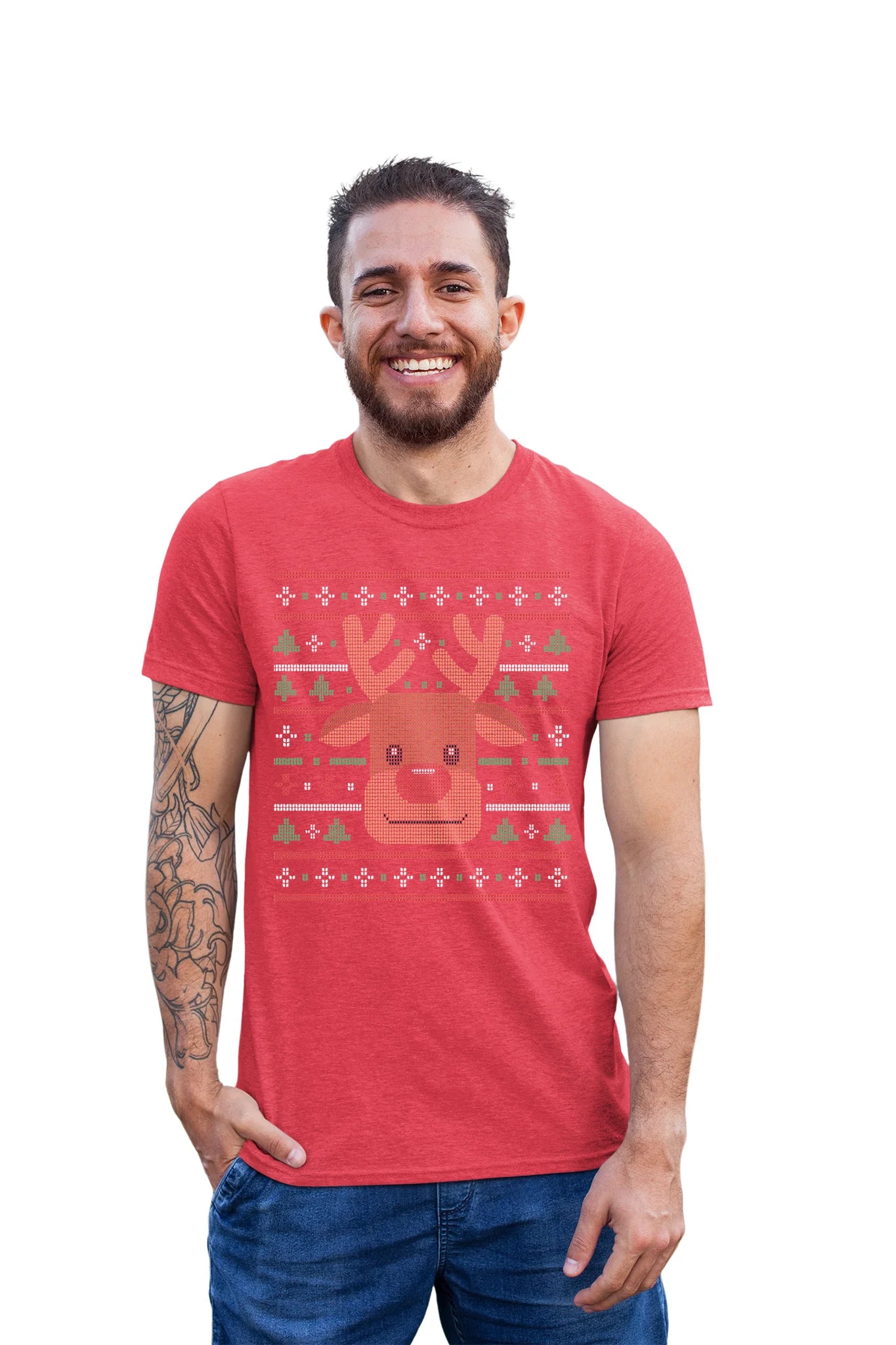 Ugly Xmas Reindeer Design Custom T-Shirt Red Heather