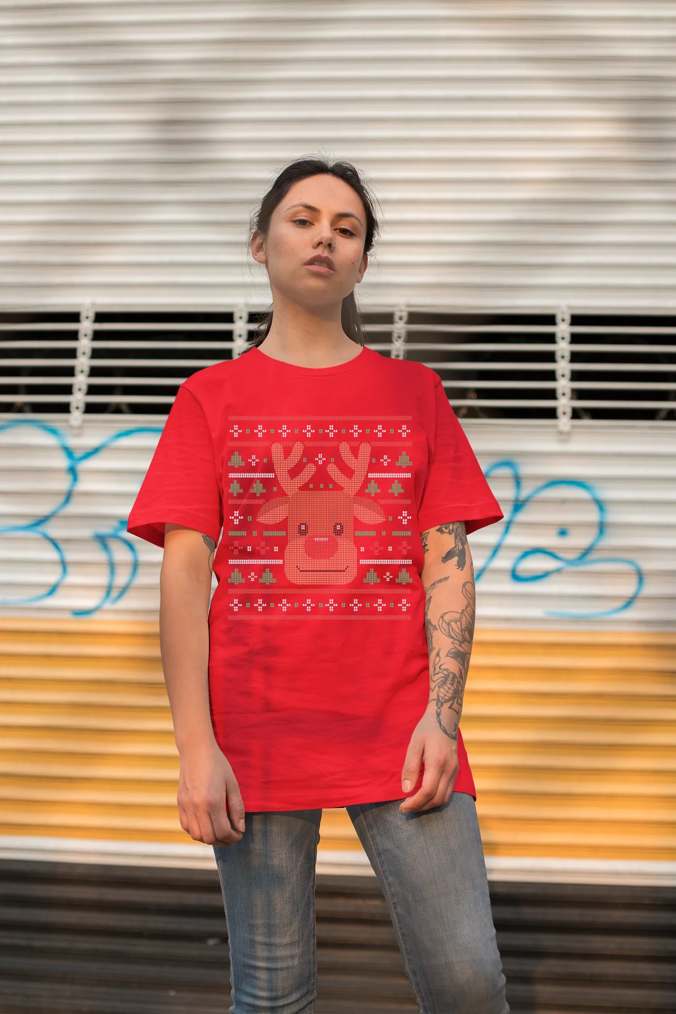 Ugly Xmas Reindeer Design Custom T-Shirt Red