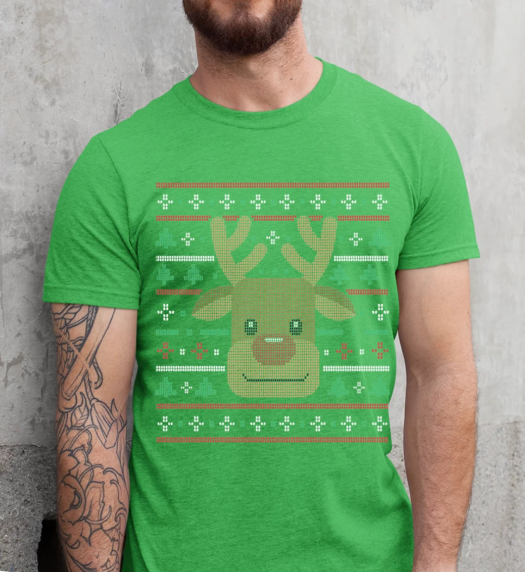 Ugly Xmas Reindeer Design Custom T-Shirt Heather Green
