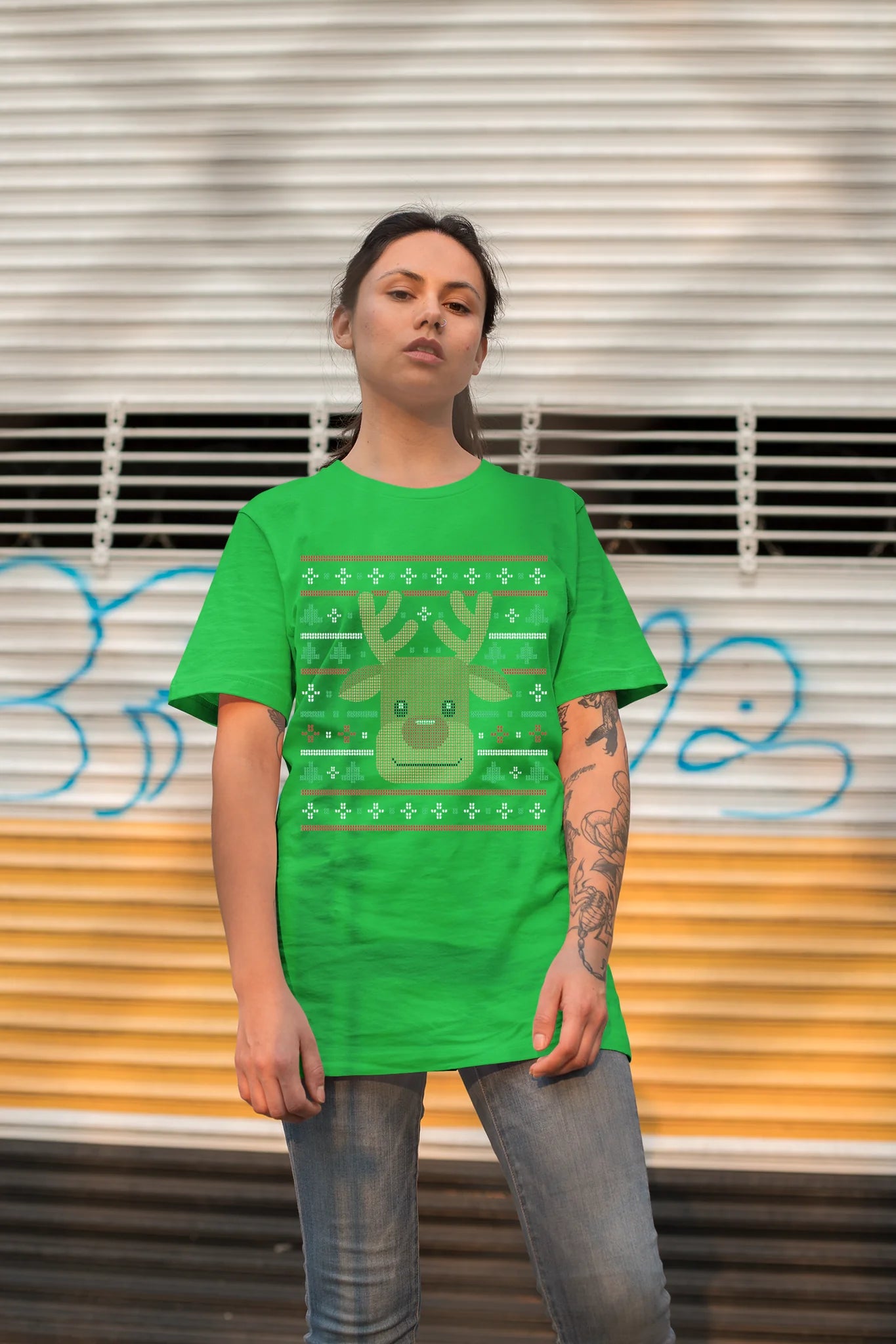 Ugly Xmas Reindeer Design Custom T-Shirt Heather Green