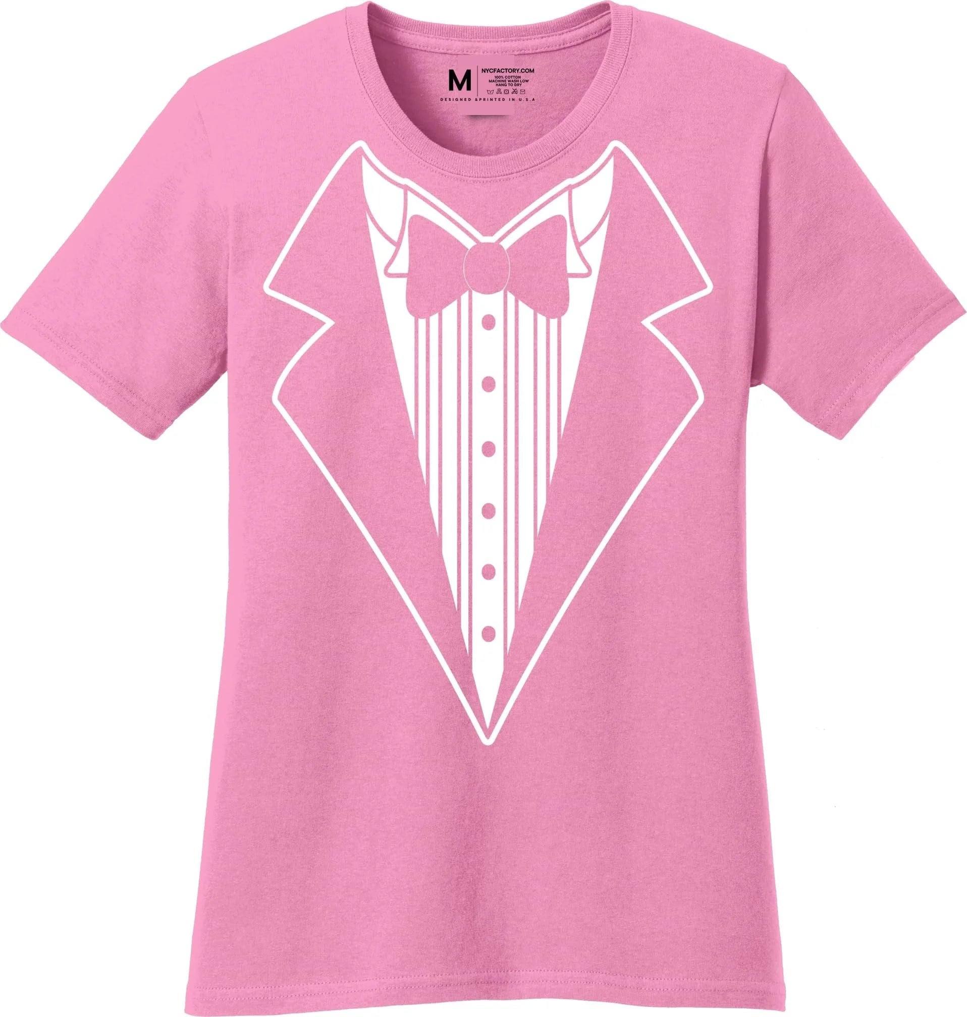 Ladies Faux Tuxedo T-Shirt (Pink, Bowtie)