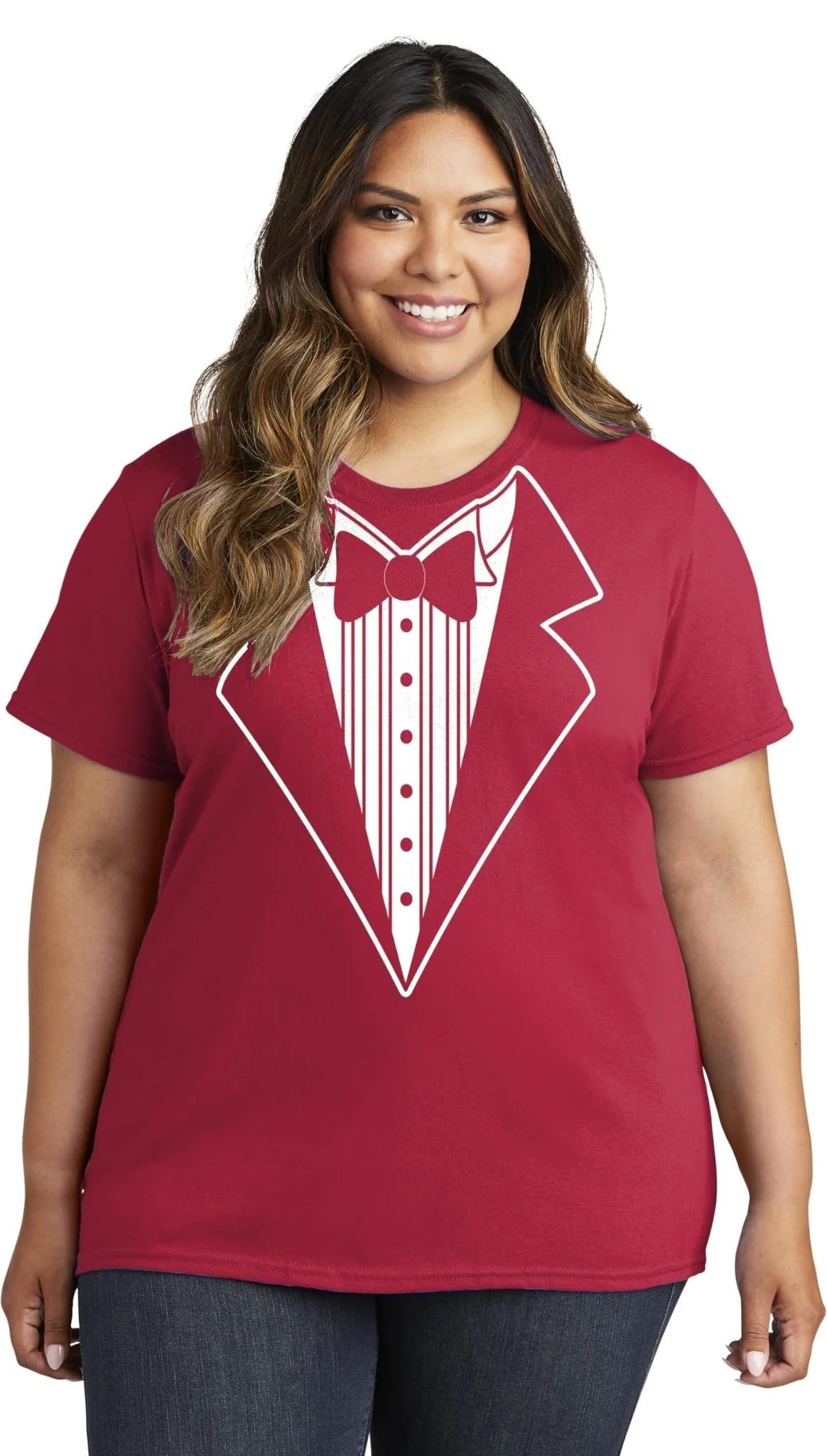 Ladies Faux Tuxedo T-Shirt (Red, Bowtie)