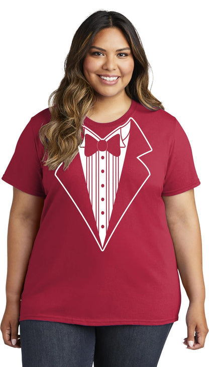 Ladies Faux Tuxedo T-Shirt (Red, Bowtie)