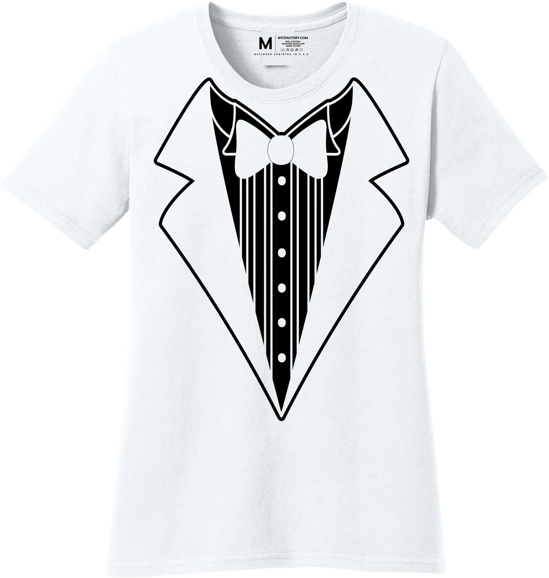 Ladies Faux Tuxedo T-Shirt (White, Bowtie)