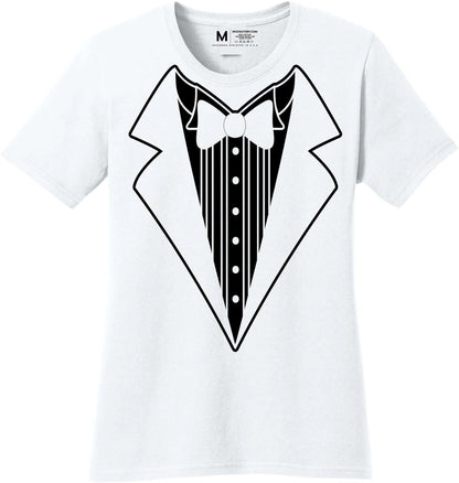Ladies Faux Tuxedo T-Shirt (White, Bowtie)