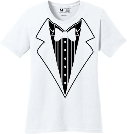 Ladies Faux Tuxedo T-Shirt (White, Bowtie)
