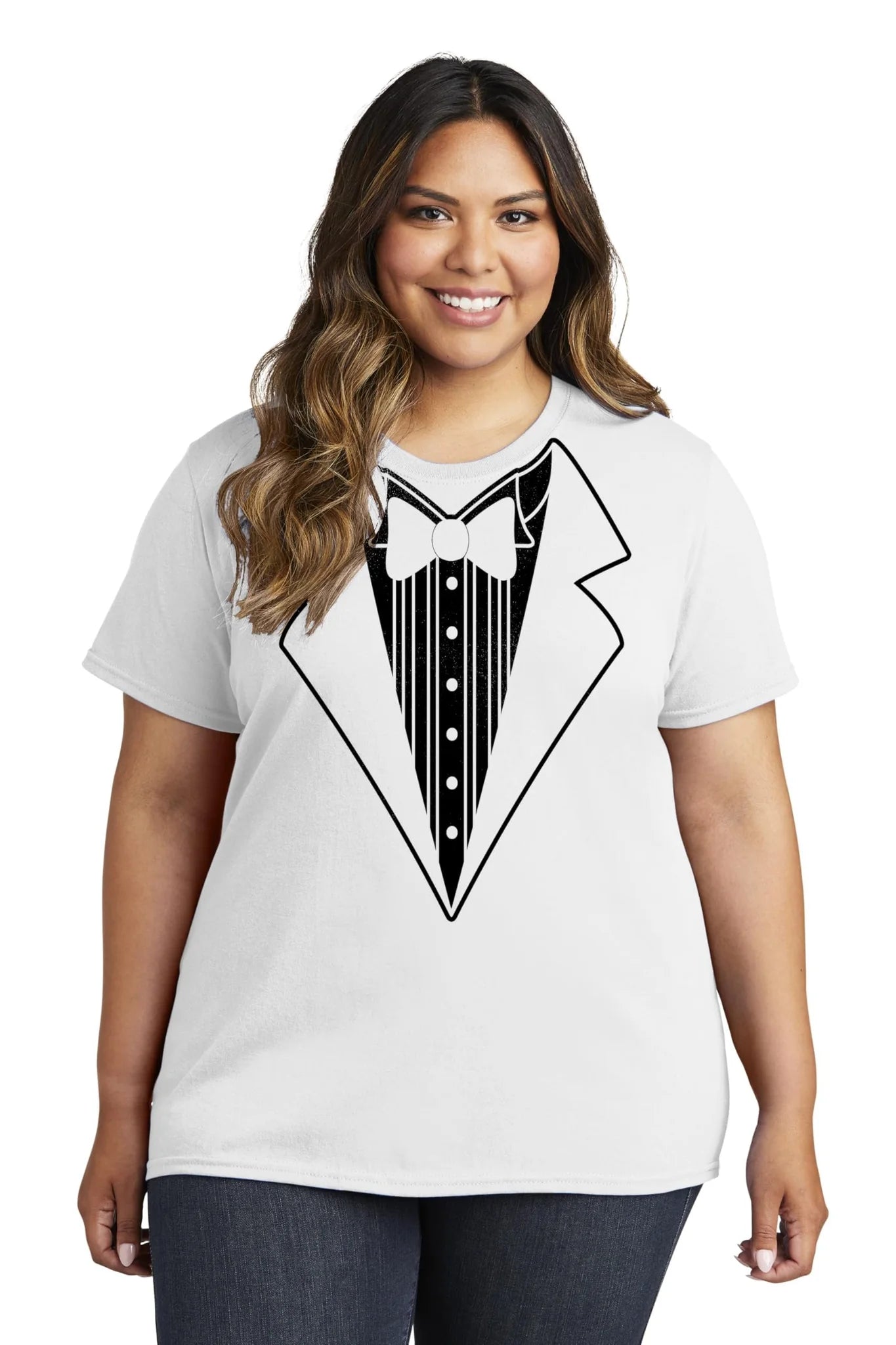 Ladies Faux Tuxedo T-Shirt (White, Bowtie)