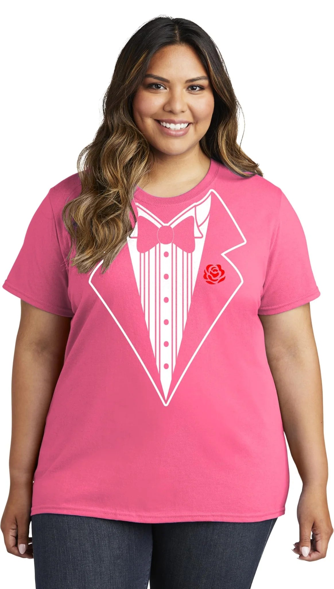 Ladies Faux Tuxedo T-Shirt (Hot Pink & Rose)
