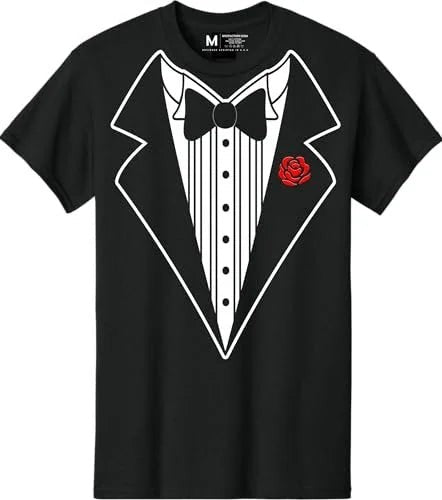 Men's Funny Tuxedo T-Shirt  (Black, Bowtie & Rose)