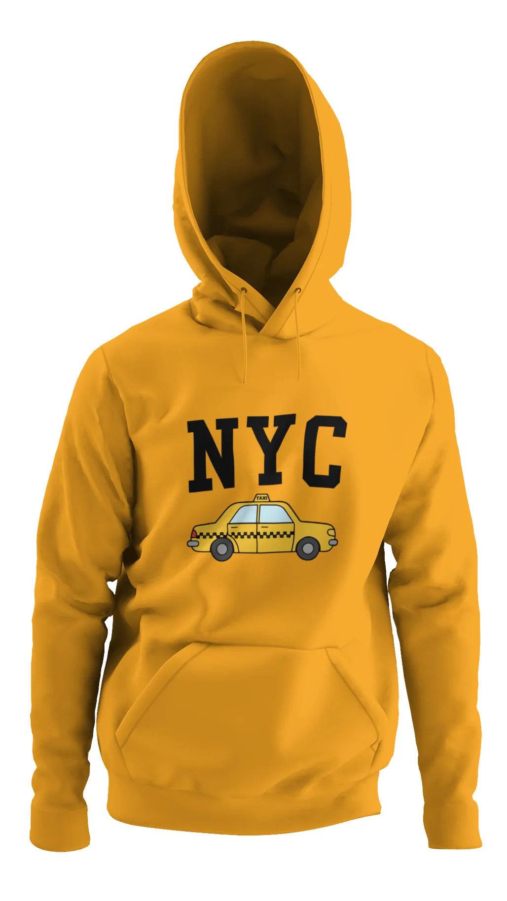 Yellow hoodie with 'NYC' and taxi graphic on a white background