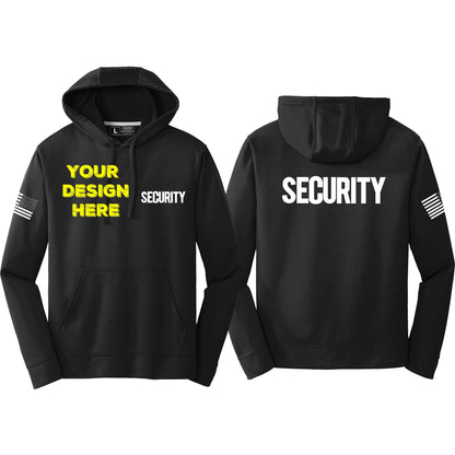Black hoodie with SECURITY on front and back, USA Flag Sleeve. Custom left chest print option. 