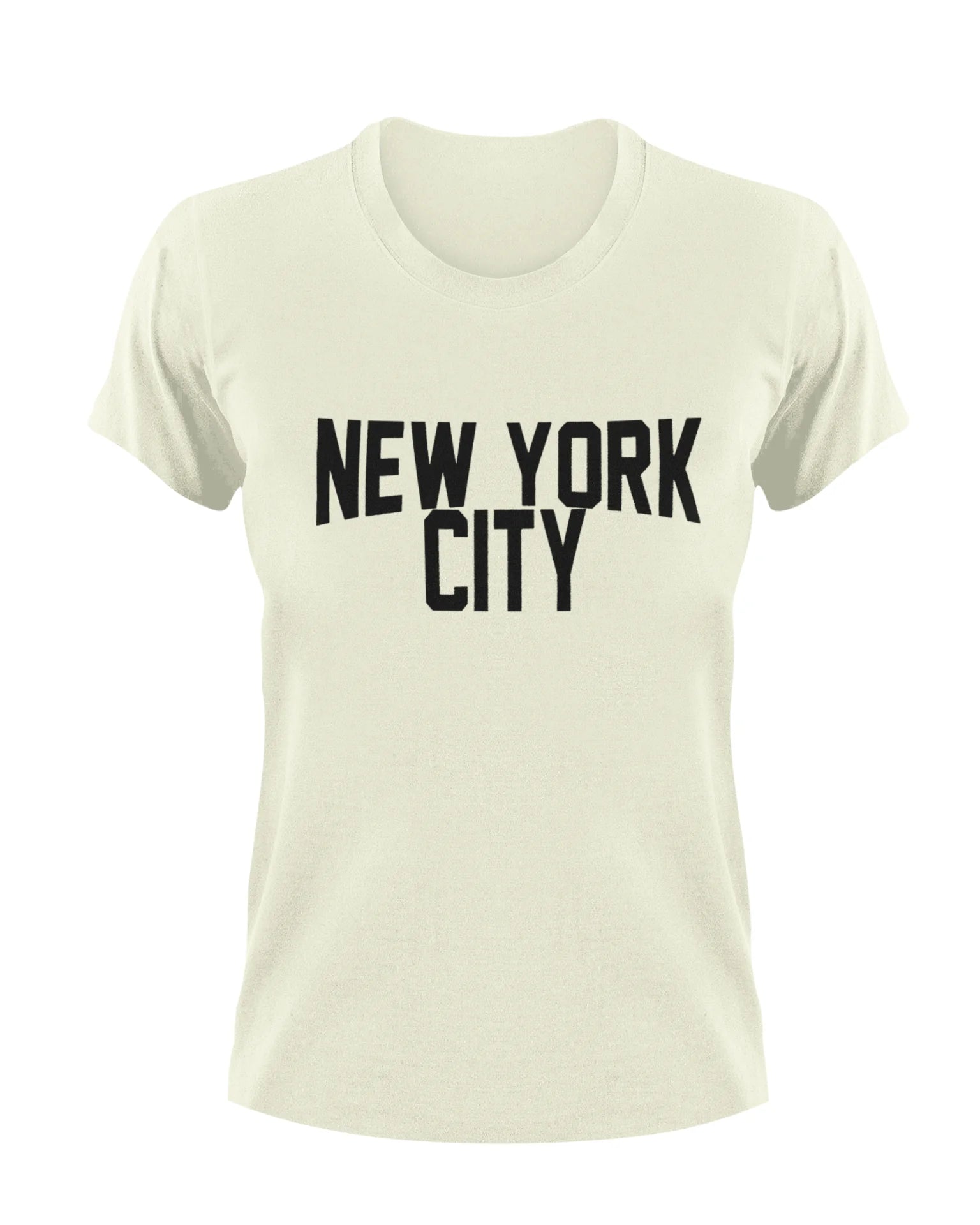 Beige t-shirt with 'New York City' text on a white background