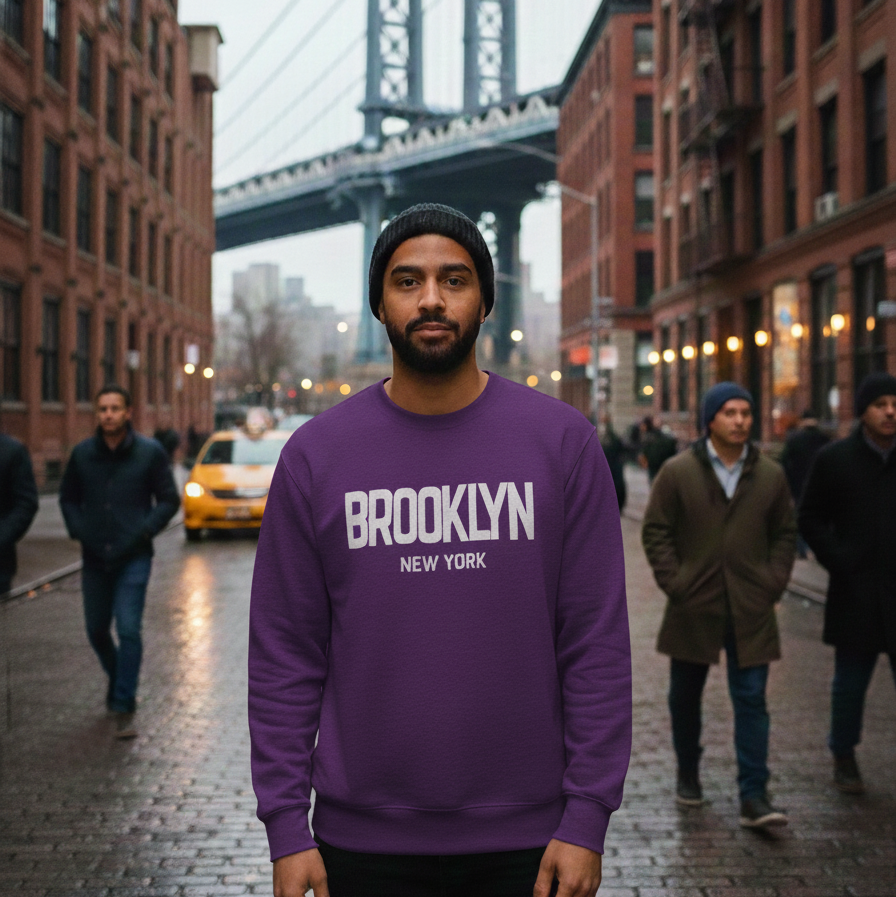 Person wearing a purple 'Brooklyn New York' sweatshirt with the Manhattan Bridge in the background.