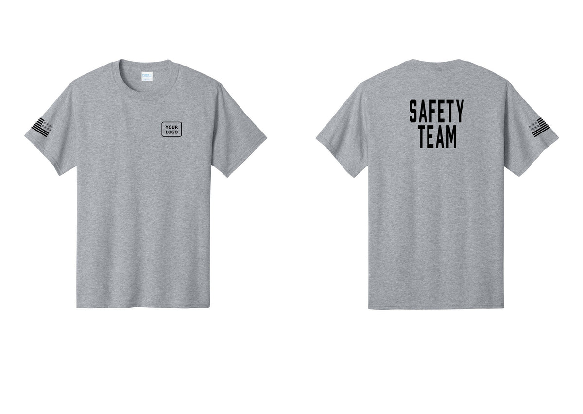 NYC Factory Custom Logo Safety Team T-Shirt for Events, Venues & Volunteers (Classic) - Your Logo + Back + US Flag Sleeve - Athletic Heather