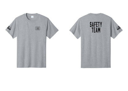 NYC Factory Custom Logo Safety Team T-Shirt for Events, Venues & Volunteers (Classic) - Your Logo + Back + US Flag Sleeve - Athletic Heather
