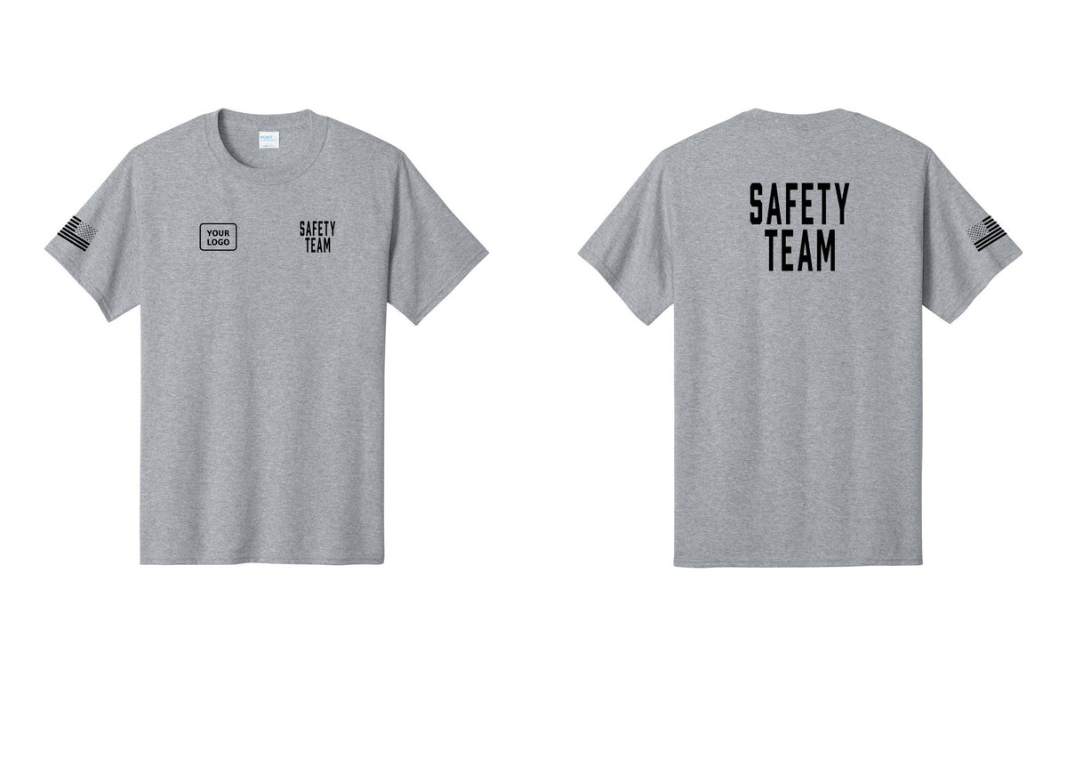 NYC Factory Custom Logo Safety Team T-Shirt for Events, Venues & Volunteers (Classic) - SAFETY TEAM + Your Logo + Back + US Flag Sleeve - Athletic Heather