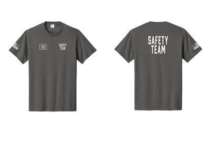 NYC Factory Custom Logo Safety Team T-Shirt for Events, Venues & Volunteers (Classic) - SAFETY TEAM + Your Logo + Back + US Flag Sleeve - Charcoal
