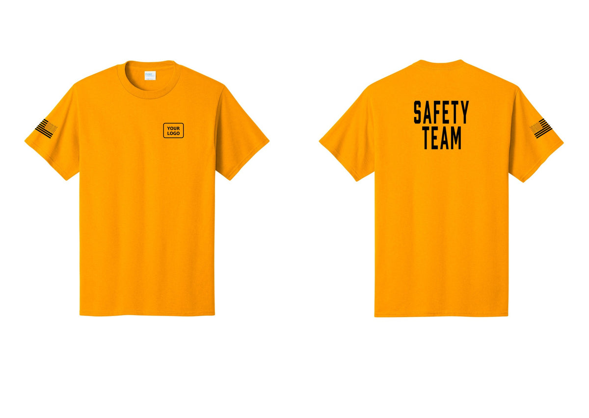 NYC Factory Custom Logo Safety Team T-Shirt for Events, Venues & Volunteers (Classic) - Your Logo + Back + US Flag Sleeve - Gold
