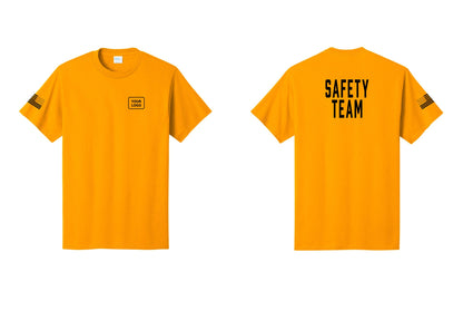 NYC Factory Custom Logo Safety Team T-Shirt for Events, Venues & Volunteers (Classic) - Your Logo + Back + US Flag Sleeve - Gold