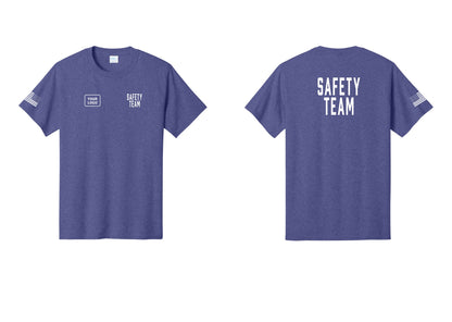NYC Factory Custom Logo Safety Team T-Shirt for Events, Venues & Volunteers (Classic) - SAFETY TEAM + Your Logo + Back + US Flag Sleeve - Heather Purple