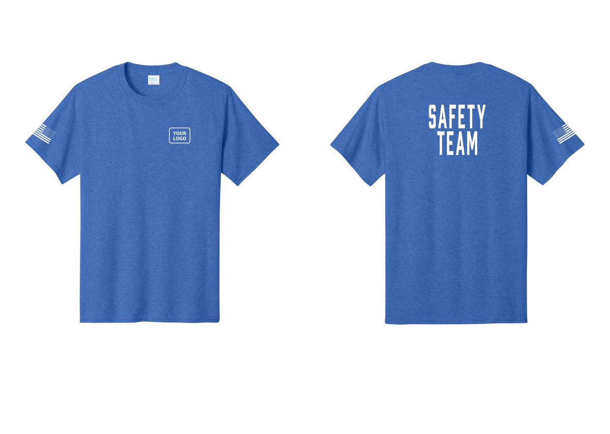NYC Factory Custom Logo Safety Team T-Shirt for Events, Venues & Volunteers (Classic) - Your Logo + Back + US Flag Sleeve - Heather Royal