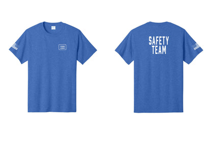 NYC Factory Custom Logo Safety Team T-Shirt for Events, Venues & Volunteers (Classic) - Your Logo + Back + US Flag Sleeve - Heather Royal