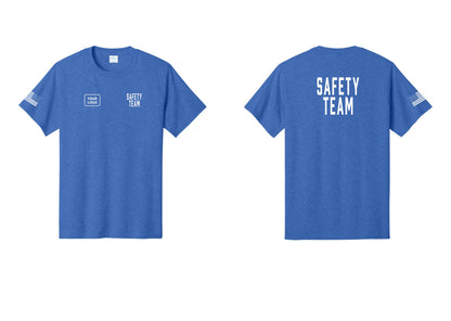 NYC Factory Custom Logo Safety Team T-Shirt for Events, Venues & Volunteers (Classic) - SAFETY TEAM + Your Logo + Back + US Flag Sleeve - Heather Royal
