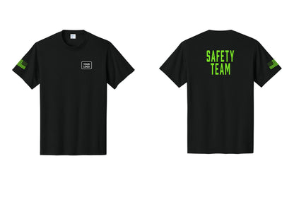 NYC Factory Custom Logo Safety Team T-Shirt for Events, Venues & Volunteers (Classic) - Your Logo + Back + US Flag Sleeve - Black / Neon