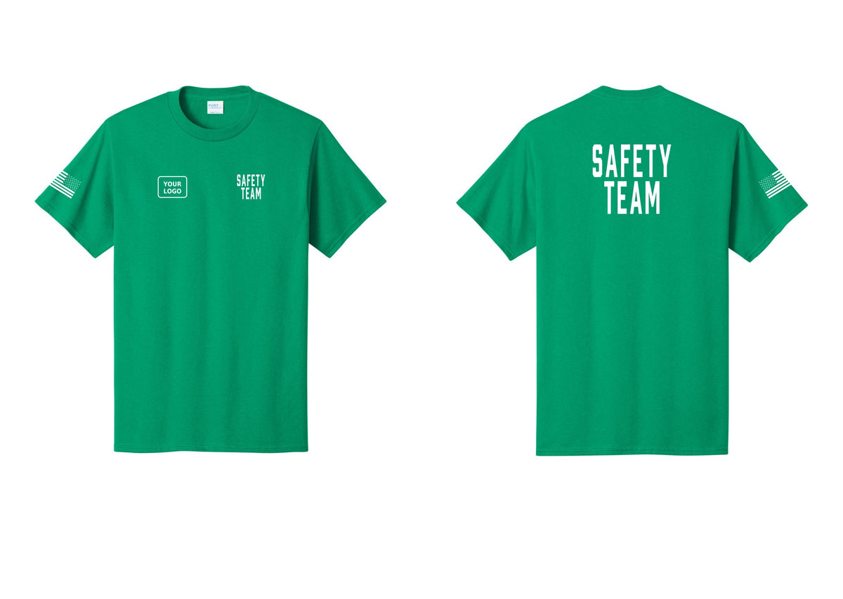 NYC Factory Custom Logo Safety Team T-Shirt for Events, Venues & Volunteers (Classic) - SAFETY TEAM + Your Logo + Back + US Flag Sleeve - Kelly