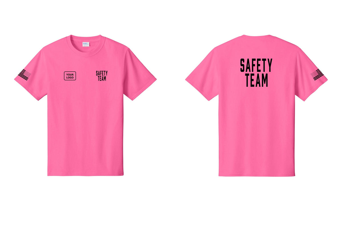 NYC Factory Custom Logo Safety Team T-Shirt for Events, Venues & Volunteers (Classic) - SAFETY TEAM + Your Logo + Back + US Flag Sleeve - Neon Pink