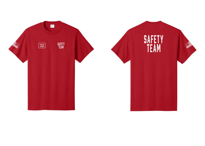 NYC Factory Custom Logo Safety Team T-Shirt for Events, Venues & Volunteers (Classic) - SAFETY TEAM + Your Logo + Back + US Flag Sleeve - Red