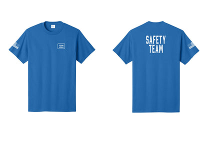 NYC Factory Custom Logo Safety Team T-Shirt for Events, Venues & Volunteers (Classic) - Your Logo + Back + US Flag Sleeve - Royal
