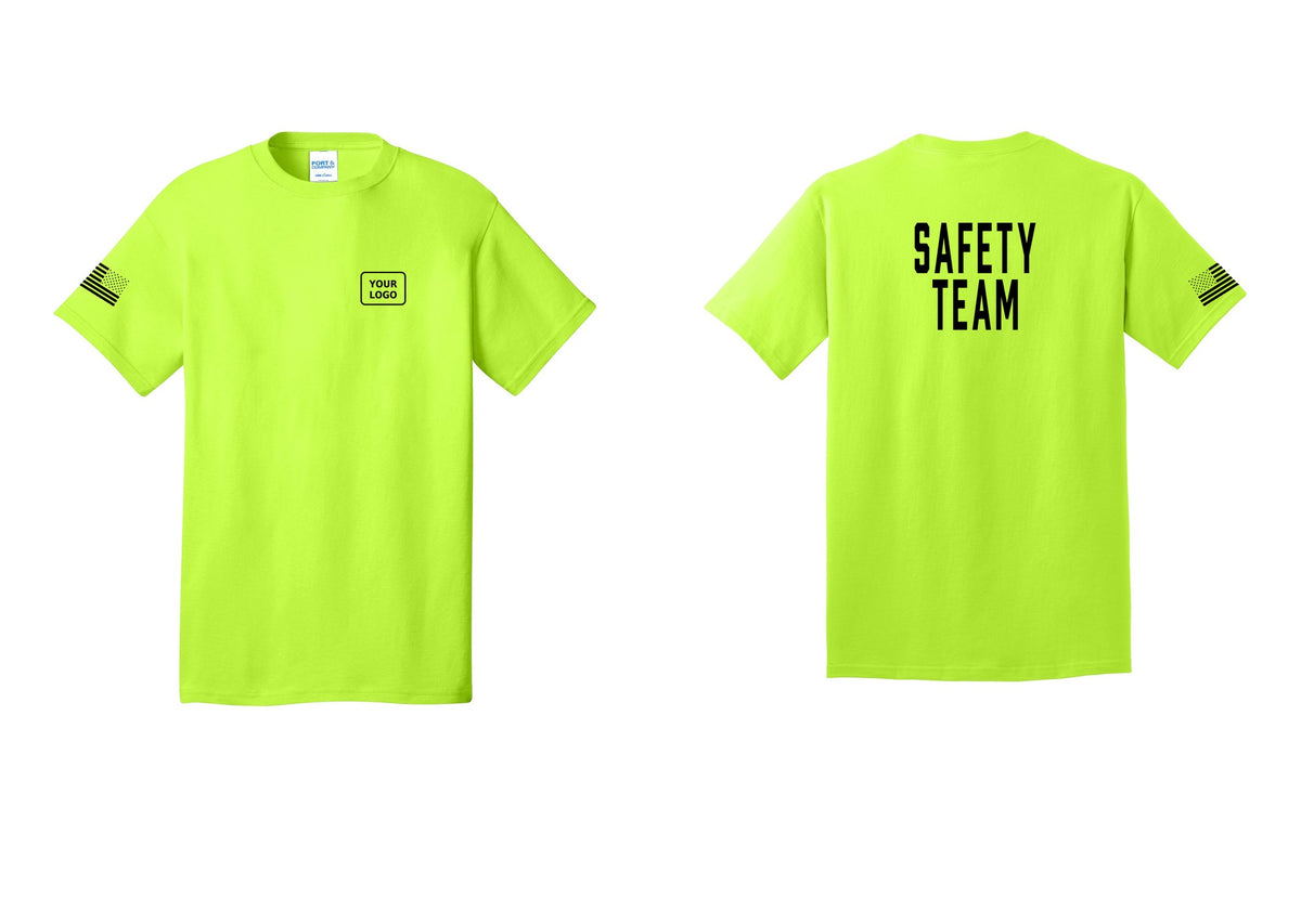 NYC Factory Custom Logo Safety Team T-Shirt for Events, Venues & Volunteers (Classic) - Your Logo + Back + US Flag Sleeve - Safety Green