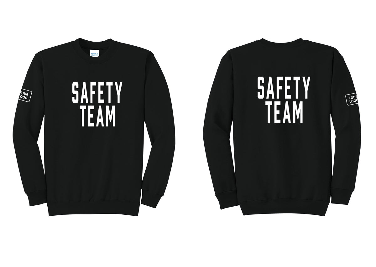 NYC Factory Custom Logo Safety Team Cotton Fleece Crewneck Sweatshirt (Classic) - Front + Back + Your Logo Sleeve - Black