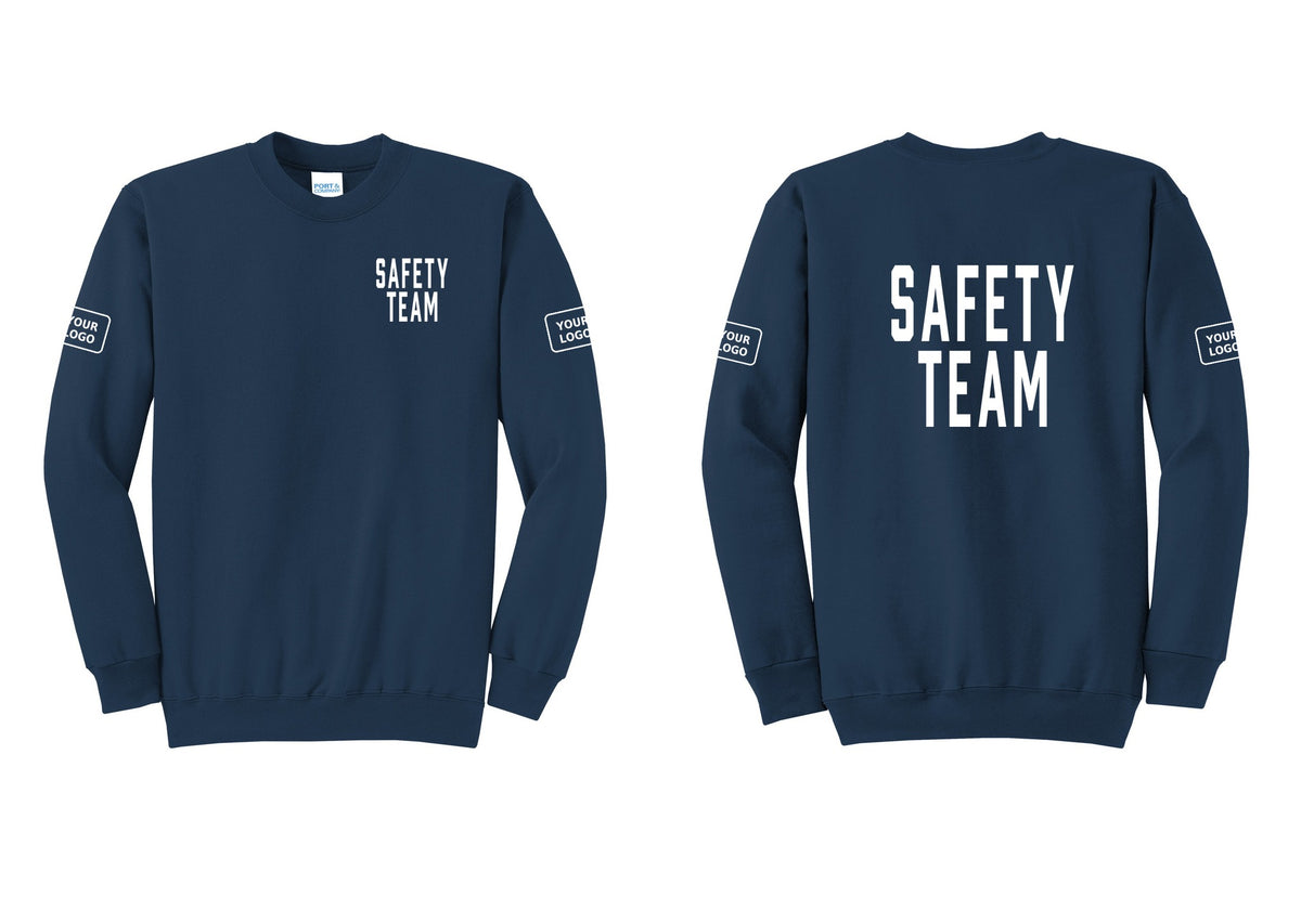 NYC Factory Custom Logo Safety Team Cotton Fleece Crewneck Sweatshirt (Classic) - Chest + Back + Your Logo Sleeves - Navy