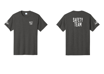 NYC Factory Safety Team T-Shirt for Events, Venues & Volunteers (Classic) - Chest + Back + US Flag Sleeve - Dark Heather Grey
