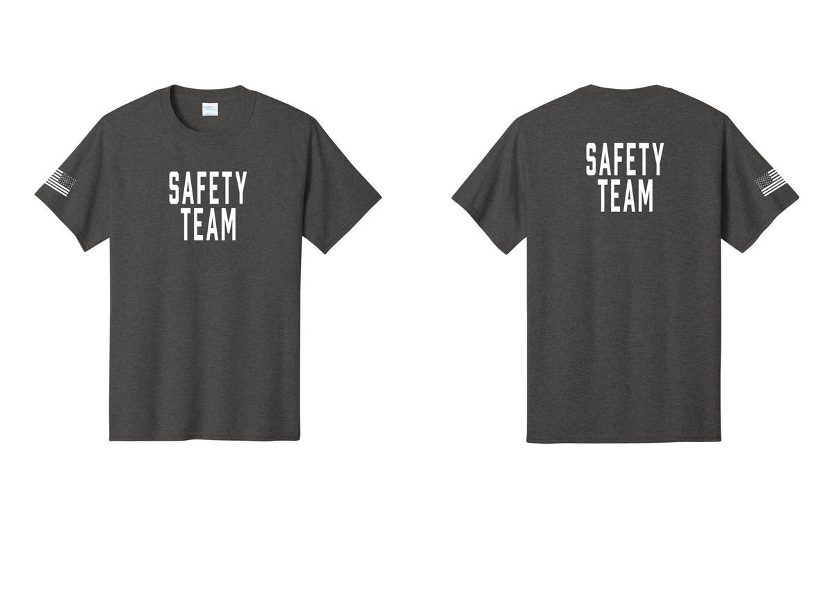 NYC Factory Safety Team T-Shirt for Events, Venues & Volunteers (Classic) - Front + Back + US Flag Sleeve - Dark Heather Grey