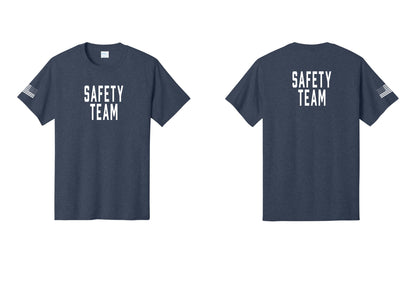 NYC Factory Safety Team T-Shirt for Events, Venues & Volunteers (Classic) - Front + Back + US Flag Sleeve - Heather Navy