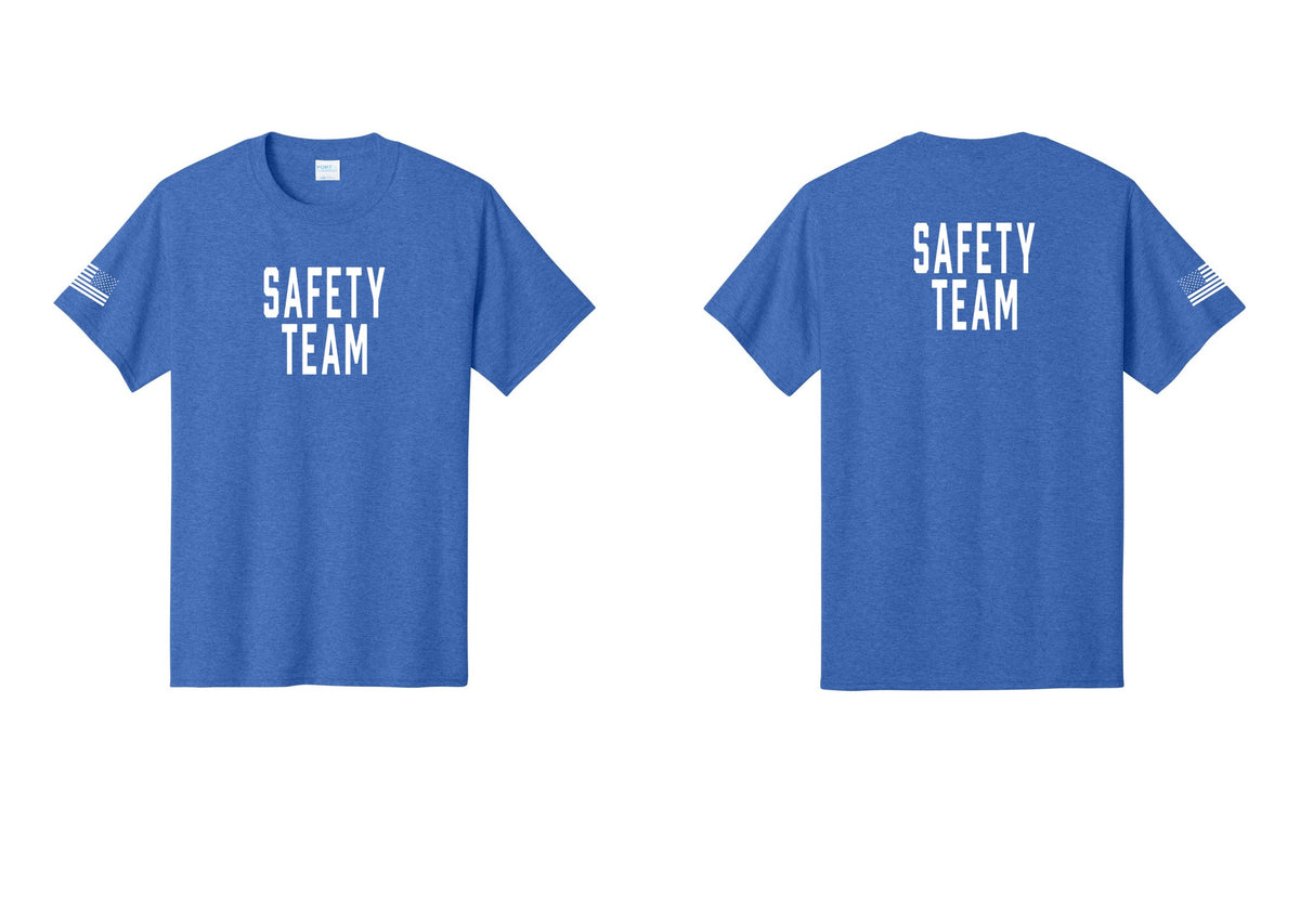 NYC Factory Safety Team T-Shirt for Events, Venues & Volunteers (Classic) - Front + Back + US Flag Sleeve - Heather Royal