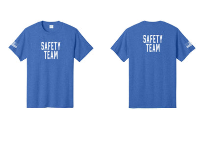 NYC Factory Safety Team T-Shirt for Events, Venues & Volunteers (Classic) - Front + Back + US Flag Sleeve - Heather Royal