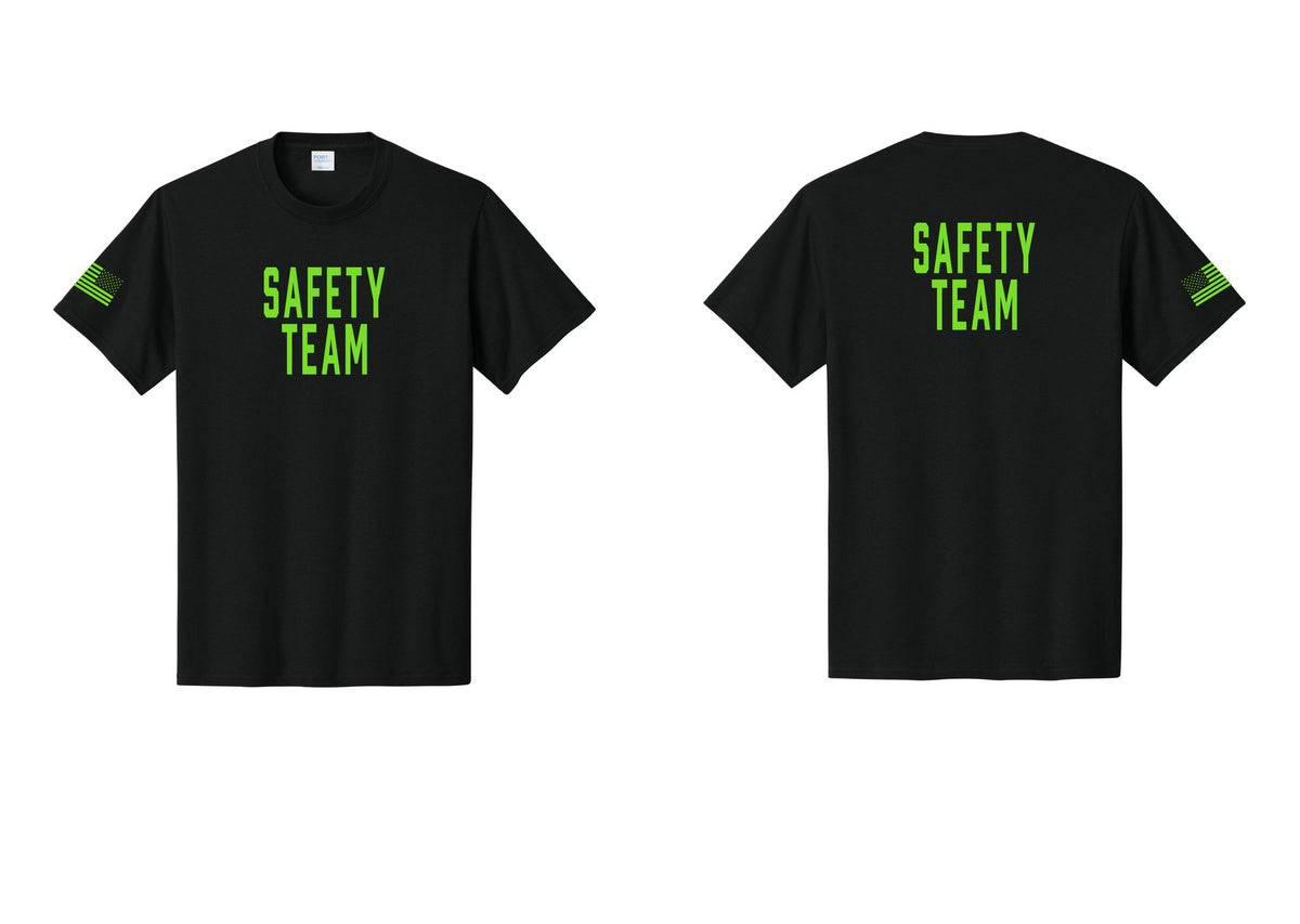 NYC Factory Safety Team T-Shirt for Events, Venues & Volunteers (Classic) - Front + Back + US Flag Sleeve - Black / Neon