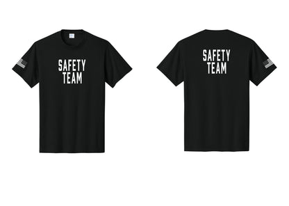 NYC Factory Safety Team T-Shirt for Events, Venues & Volunteers (Classic) - Front + Back + US Flag Sleeve - Black