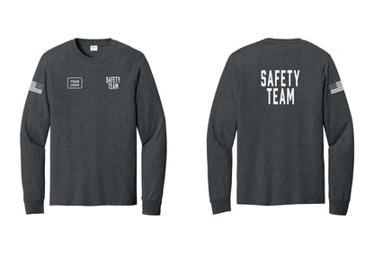 NYC Factory Custom Logo Safety Team Cotton Long Sleeve T-Shirt (Classic) - SAFETY TEAM + Your Logo + Back + US Flag Sleeve - Dark Heather Grey