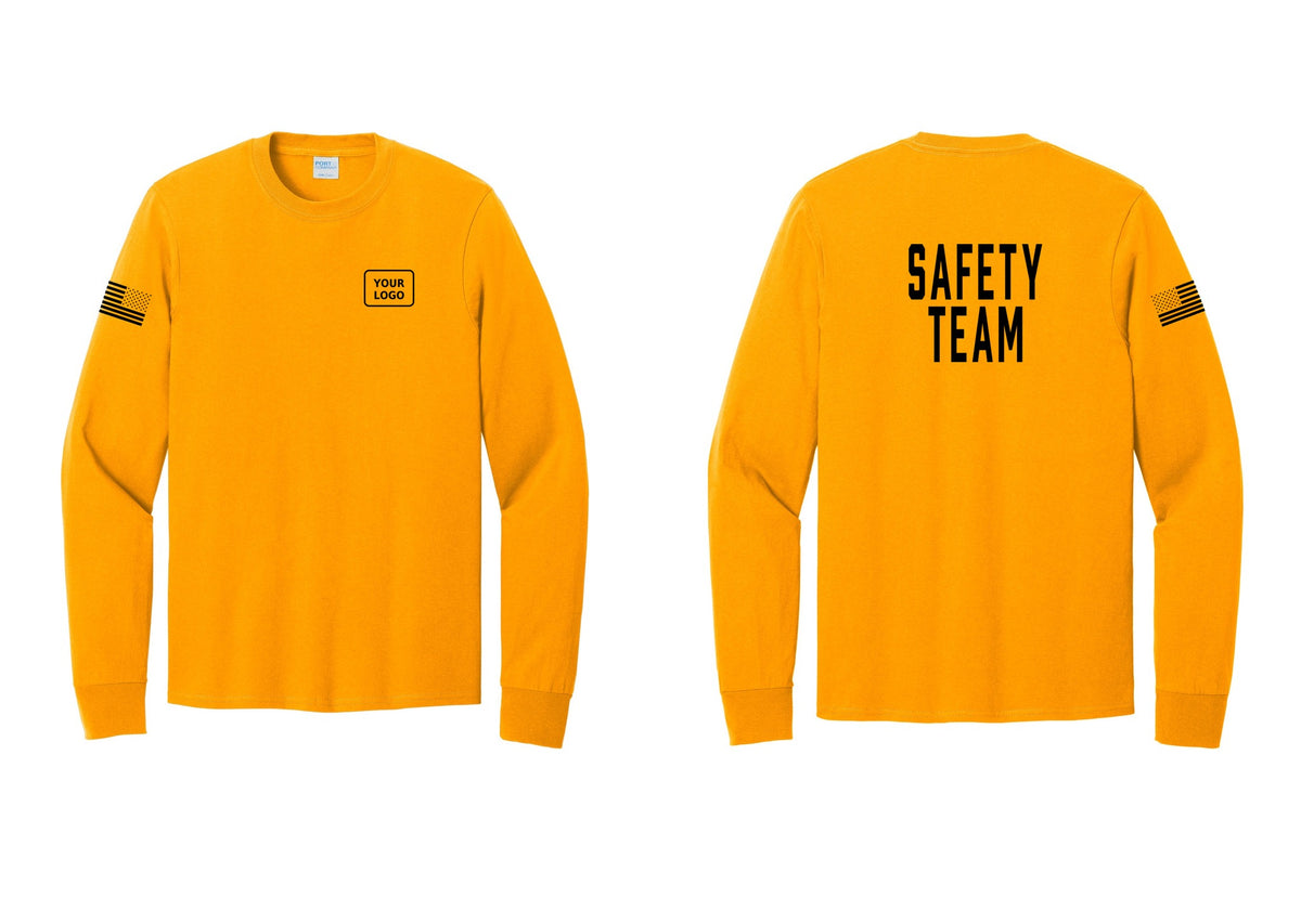 NYC Factory Custom Logo Safety Team Cotton Long Sleeve T-Shirt (Classic) - Your Logo + Back + US Flag Sleeve - Gold